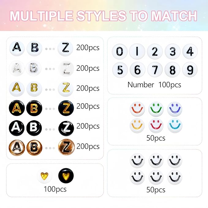 Amaney 1500 Pieces 6 Colors 4x7mm Round Acrylic Alphabet Letter Beads A-Z Mixed and Crystal Line for Jewelry Making