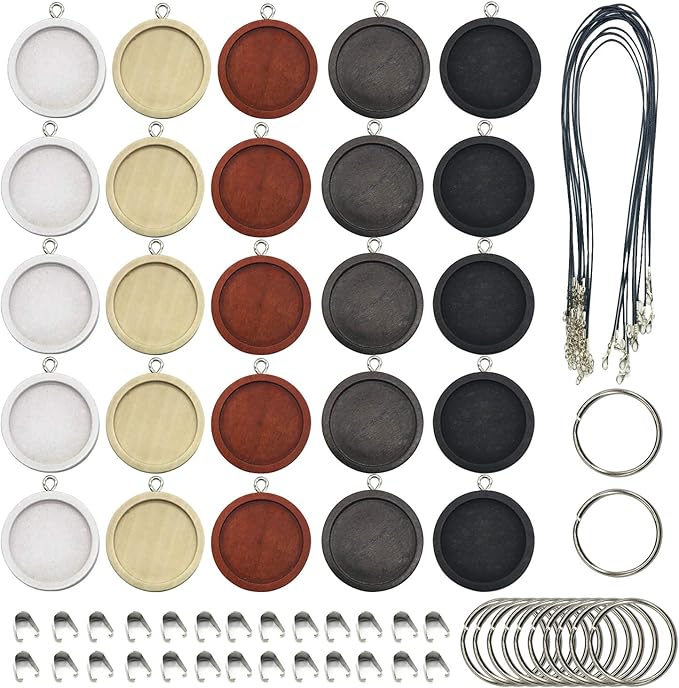 Allazone 45 PCS Wooden Pendant Trays 25 MM 5 Colors Round Pendant Cabochon Craft Bases for DIY Jewelry Gift Making