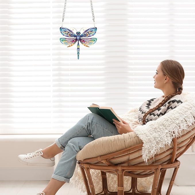 AiYuanzsh Animal Dragonfly Diamond Painting Kit Ornament with Hanging Chain DIY Diamond Art Acrylic Crystal Hanging Pendant Paint by Number Stained Glass Wall Art for Adults Home Wall Decor Gift