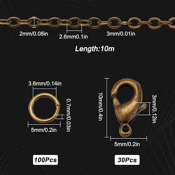 SUNNYCLUE 32.8Feet/10m Antique Bronze Chain Bulk Brass Curb Link 2.6x2x0.3mm Links Cable Chains for Jewelry Making Findings 100Pcs Iron Jump Rings 30Pcs Brass Lobster Clasps Necklace Bracelet Supplies