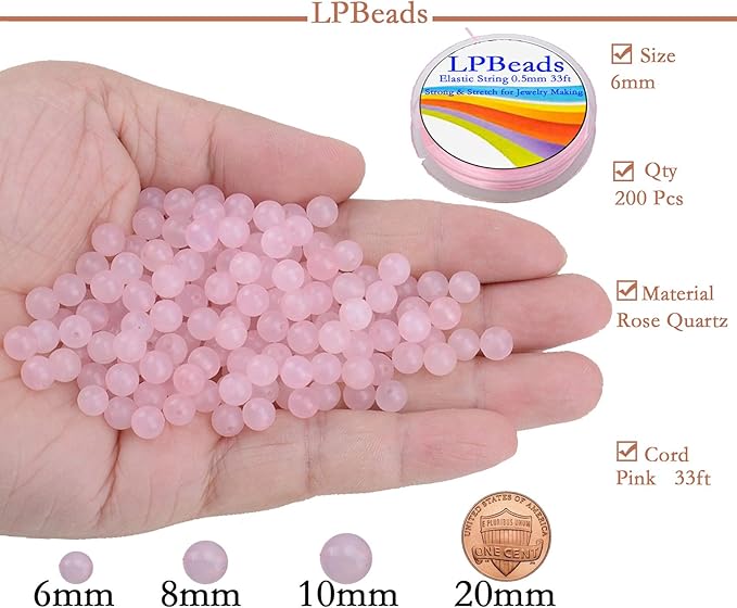 LPBeads 200Pcs Polished 6mm Round Natural Rose Quartz Gemstone Loose Beads with Stretch Cord for Jewelry Making Bracelets