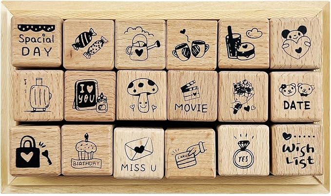 18pcs Diary Theme Wooden Rubber Stamps Kit, Cute Small Stamps for Decorative Diary Planner DIY Craft Scrapbook Card Making Letters Journal