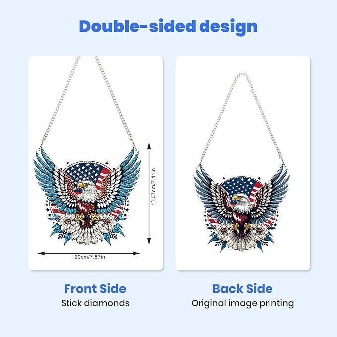 MXJSUA Eagle American Flag Diamond Painting Art Window Suncatchers, Diamond Art Kits for Adults Hanging Ornaments with Chain, 5D Special Shape Crystal Diamond Pendant Accessories for Decor Gift
