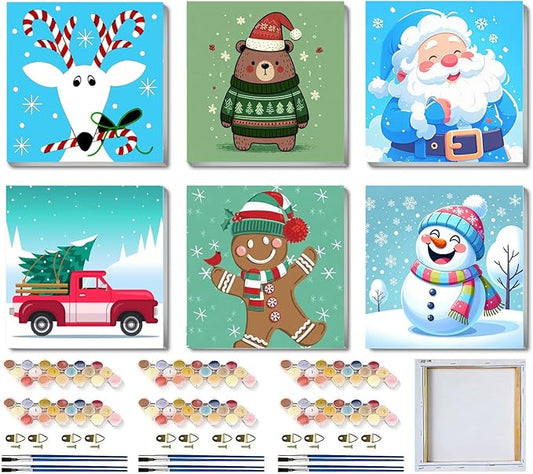 SYDYLH 6 Packs Framed Chrsitmas Paint by Numbers Kit for Kids Ages 8-12,Snowman Easy Acrylic Paint by Number Framed on Canvas,Number Painting Paint by Numbers Kit for Home Wall Decoe 8x8inch