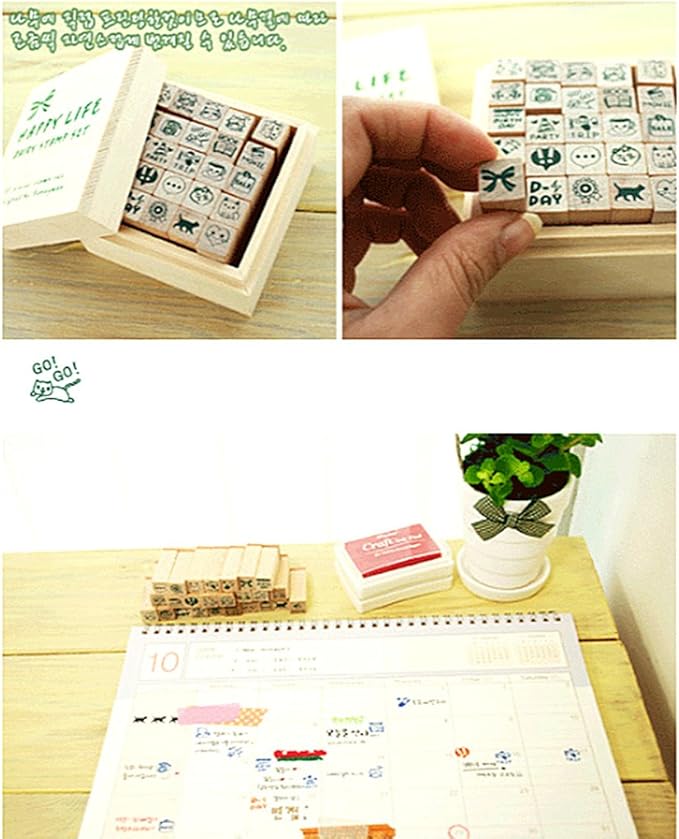 Diary Stamp Set,Wooden Rubber Signet for Children DIY Scrapbooking Card Making(25pcs,Happy Life)