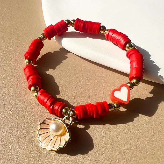 QiQnHngD 10 Strands Red Clay Beads for Friendship Bracelets, Heishi Beads for Bracelet Stack, Flat Spacers for Jewelry Making (Red)