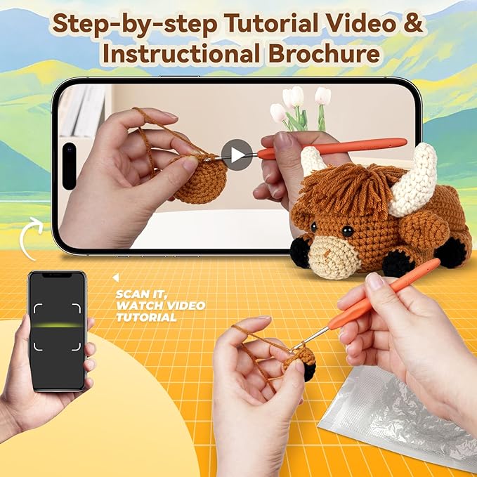 MOREJMTT Crochet kit for Beginners Adults, Learn to Crochet, Include Easy Knitting Soft Yarn, Step-by-Step Video Tutorial, Hook, Holiday Birthday Gift (Highland Cow)