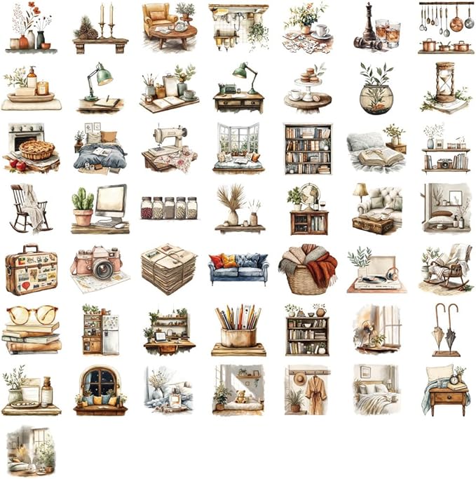 50Pcs Waterproof Vintage Stickers,Scrapbooking Supplies Kit,Aesthetic Decorative Craft Sticker for Planner, Bullet Journaling, Junk Journal, Water Bottles, Laptop, Retro Craft.Retro Scene