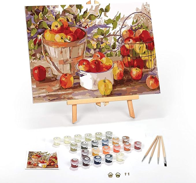 Ledgebay DIY Paint by Numbers Kit for Adults Framed Canvas Beginner to Advanced Paint by Numbers Kit, Kits Include Acrylic Paint Set, Brushes & Tabletop Easel (Apple Harvest 12" x 16" Framed)