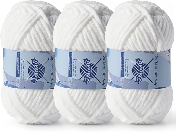 3 Pack Chunky Chenille Yarn for Crocheting, Baby Yarn for Crocheting Soft Blankets, Bulky Yarns for Crochet Amigurumi, 300g (223yds) Fluffy Velvet Yarns for Hand Knitting (3 White)