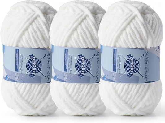 3 Pack Chunky Chenille Yarn for Crocheting, Baby Yarn for Crocheting Soft Blankets, Bulky Yarns for Crochet Amigurumi, 300g (223yds) Fluffy Velvet Yarns for Hand Knitting (3 White)