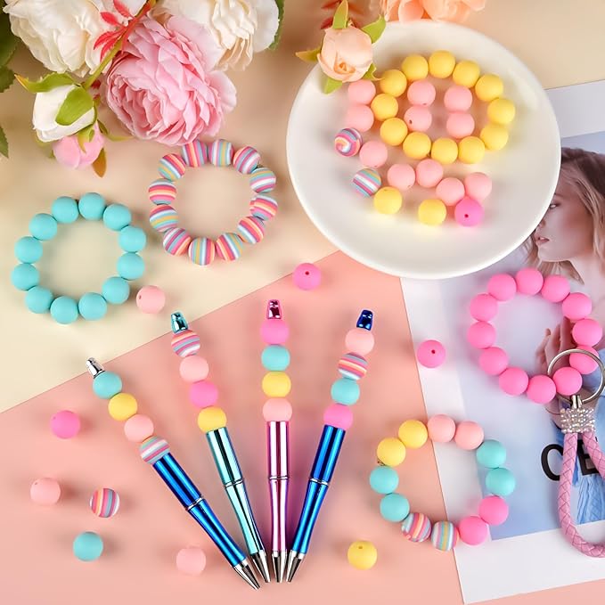 ASTARON 100 Pcs 15mm Silicone Beads for Keychain Making, Rainbow Round Beads Bulk for Bracelets Crafts Beadable Pens Decorations Jewelry Making Supplies