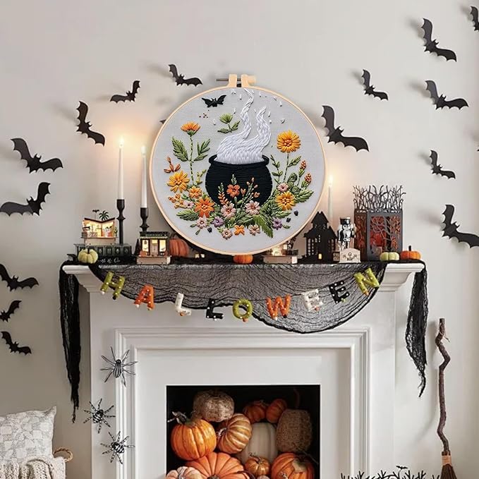 Floral Witch Hat Embroidery Kit Halloween Cross Stitch Material Set with Bat Skull Flower Pumpkin Patterns, DIY Hand Needlepoint Embroidery Craft Kit for Beginners Professional (Floral Cauldron B)