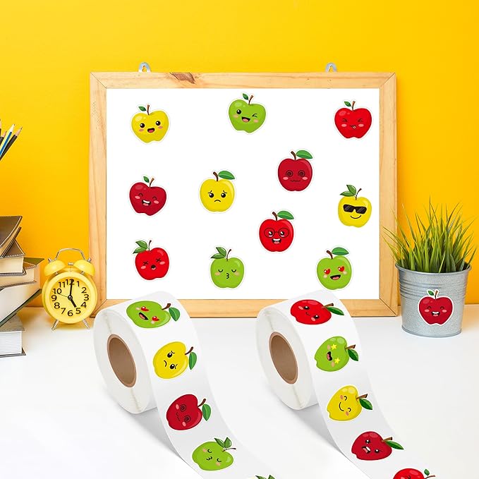 beyumi apple reward roll stickers - 1000pcs back to school apple stickers in 2 rolls first day of school adhesive decals with assorted expressions classroom office bottle notebook decor for kids