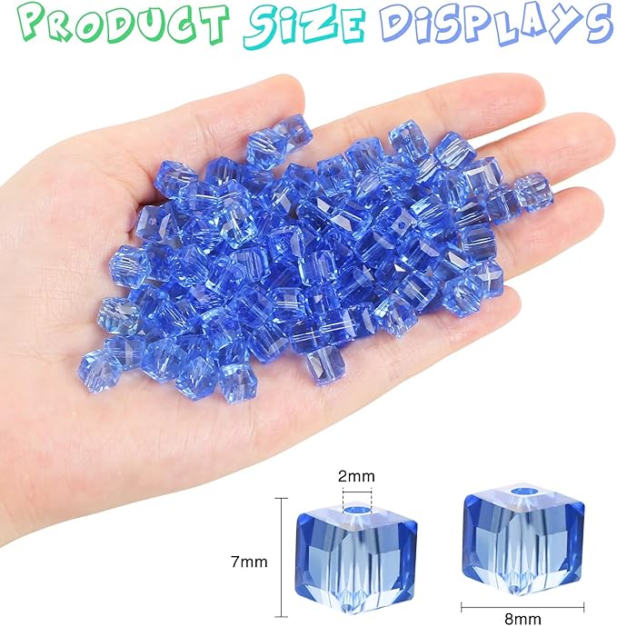 100 Pcs 8mm Cube Crystal Glass Beads for Jewelry Making, Square Crystal Beads with Box, Crystal Spacer Beads for DIY Craft Bracelets Charms Wind Chimes (LightBlue)