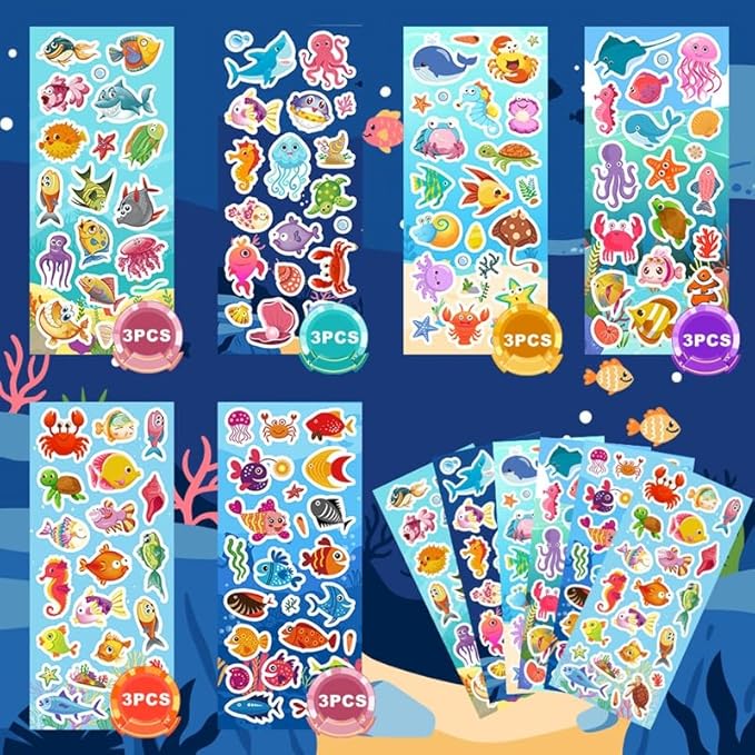 36 sheets ocean stickers for kids, 700+ under the sea fish animal stickers for scrapbooking, water bottles, kids party favors,crafts decorations