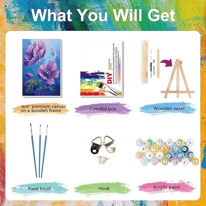 Easy Flower Paint by Numbers for Adults with Framed Canvas - with Wooden Easel, Flowers Paint by Number for Beginners, DIY Acrylic Oil Painting on Canvas with Brushes for Home Wall Decor (8x12 inch)