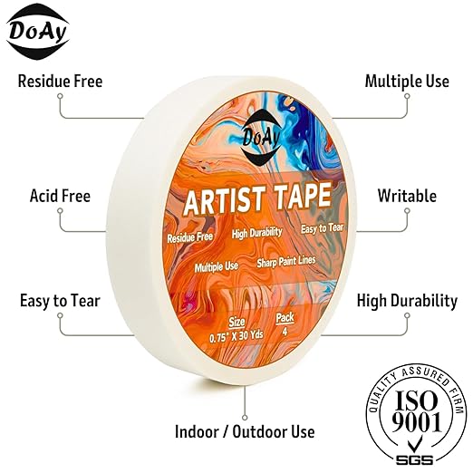 4 Pack White Artist Tape - Art Masking Tape for Watercolor Paper, Canvas Acrylic Painting, Curves, Framing, Paint, Gouache, Console - Acid Free Drafting Tape 3/4" (0.75") Wide - 360FT Total