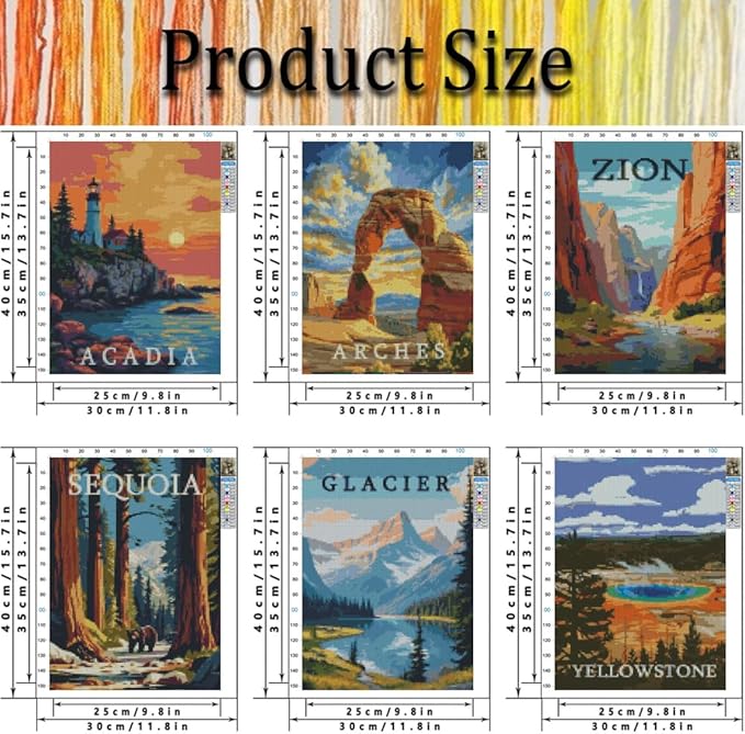 6 Pack Stamped Cross Stitch Kits for Adults - Cross Stitch Kits for Beginners,11 CT National Park Cross Stitch Patterns Dimensions DIY Counted Cross Stitch Kits for Adults Arts Craft 12x16 inch