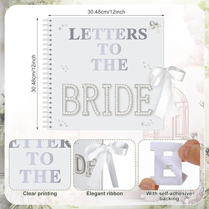 Fuyoooo 12 x 12 Inch Letters to The Bride Scrapbook Wedding Memory Book Bridal DIY Blank Paper Scrapbook Photo Album Guest Book Sign with Pearl Stickers, Metallic Letters, Bows(White)