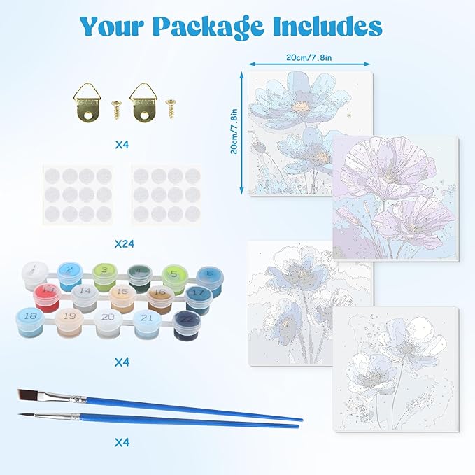 Lxmsja 4 Pack Floral Symphony Paint by Numbers Kit for Adults, Easy Framed Paint by Numbers for Adults Beginner, DIY Acrylic Oil Painting Craft Kits for Home Wall Decor 8x8 inch