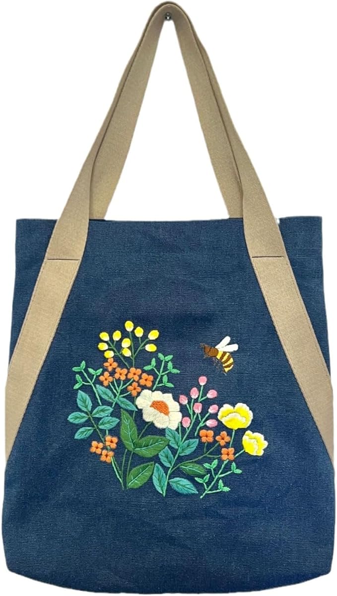VWV-Whizzing Embroidery Canvas Tote Bag DIY Kit for Beginners, Complete with Pattern, Hoops, Color Threads, Tools & Detailed Instructions for Adults (15X16.5(in) Blue)