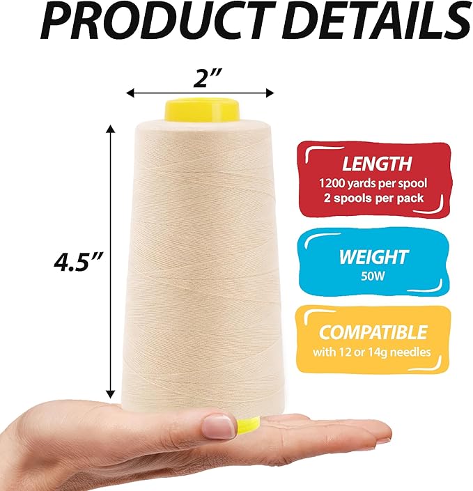 Mandala Crafts White and Cream Thread Cones for Machine and Hand Quilting - 4800 Yds 50 WT Multiple Purpose Mercerized 100% Cotton Threads for Sewing Machine Serger Embroidery