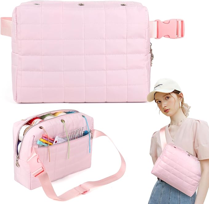 Aeelike Yarn Storage Organizer Travel Crochet Bag, Crossbody Yarns Bags Knitting Bag for Carrying Projects, Knitting Needles,Crochet Hooks and Yarn, Pink