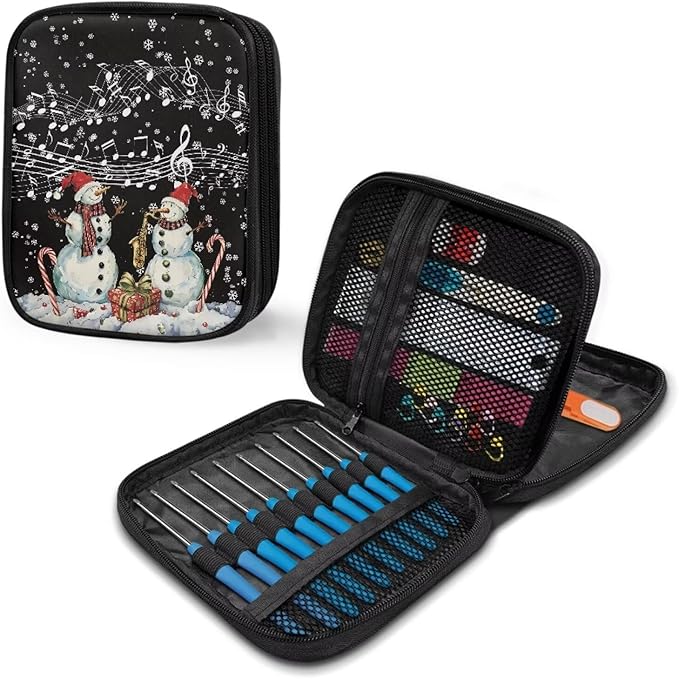 Hechitok Christmas Snowman Music Empty Crochet Hook Case Portable Travel Crochet Storage Bag Organizer Zipper Bags with Web Pocket and Crochet Holder Slots for Crochet Knitting Accessories