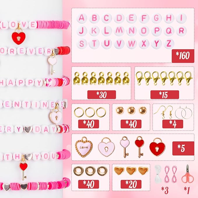 Goldwise Valentine's Day Friendship Bracelet Kit, Pink Beads, Jewelry Making Kit with Pink Clay Beads, Letter Beads and Charms, GIFS for Fans, Couples and Best Friends
