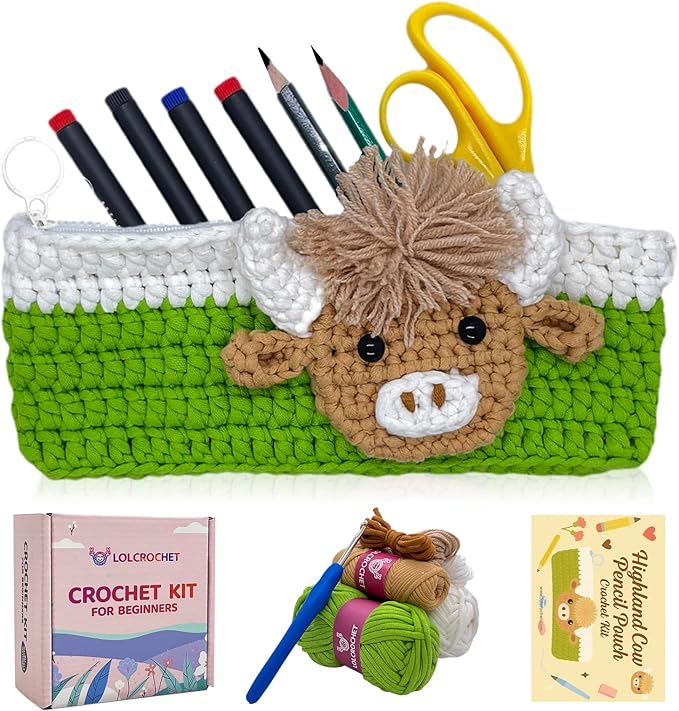 Highland Cow Crochet Kit for Beginners, Learn to Crochet Pencil Bag Starter Set with Video Tutorial & Crocheting Manual, Easy Yarn Knitting Kit for Adult, DIY Amigurumi Birthday Xmas Gift Idea