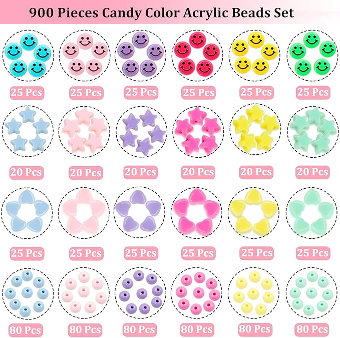 900Pcs Candy Color Acrylic Heart Beads Star Beads Happy Face Bead Assorted Plastic Pastel Beads Cute Beads Circle Loose Spacer Beads Bulk for Bracelets Jewelry Making DIY Crafts Necklace Phone Charm