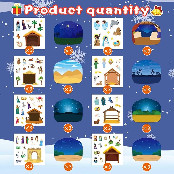 christmas nativity craft kit for kids, make a nativity scene hanging ornament sticker kit, jesus birth stickers, christian religious bible scene party favor home classroom activity(24 sets)
