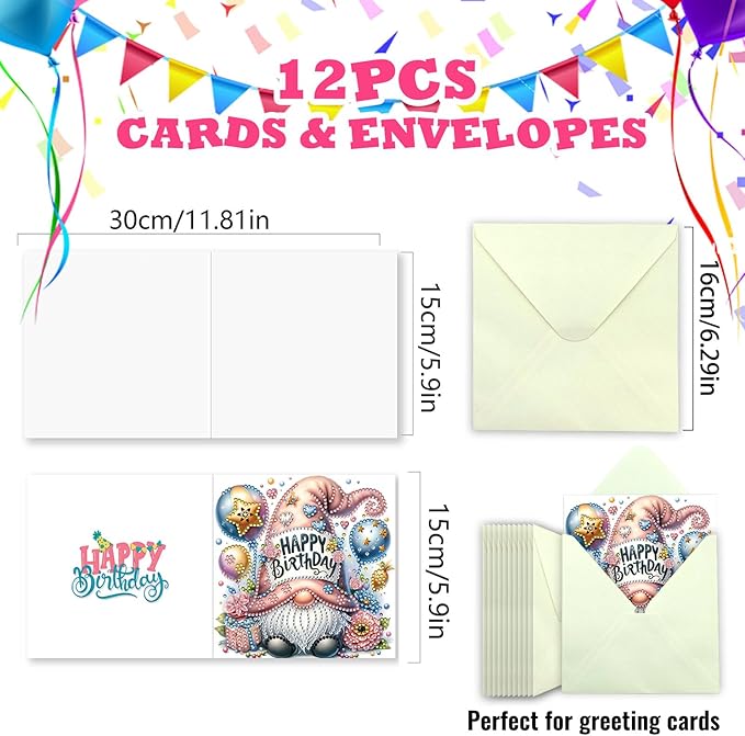 YOKUSHI 12 PCS Diamond Art Painting Birthday Greeting Cards, Fete Day Craft DIY Card Making Kits for Adults Gifts (Happy Birthday)