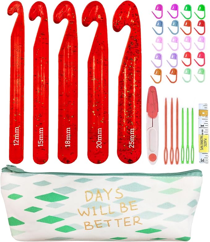 Weabetfu 5 Large Crochet Hook,25mm 20mm 18mm 15mm 12mm Size Crochet Hooks, Large Crochet Hooks for Chunky Yarn,24PCS Big Crochet Needles,10mm-25mm Crochet Hook with Case(Red)