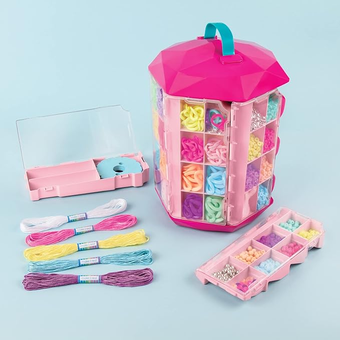 Make it Real 5 in 1 Activity Tower - Jewelry Making Kit with Storage - Heishi Beads, Plastic Links, Mini Rubber Bands, Round Beads & Thread - Friendship Bracelet Making Kit for Girls 8-10-12-14