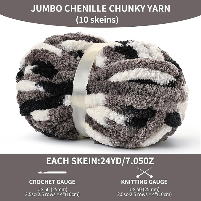 10 Pack Jumbo Chunky Yarn for Hand Knitting, Fluffy Variegated Chunky Chenille Yarn for Crocheting, 240yds/70.5oz Super Bulky Soft Crochet Baby Blanket Yarn(Black-White-Grey)