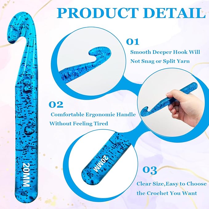 Hobekoee 20mm Large Crochet Hook for Chunky Yarn,Ergonomic Crochet Needles for Arthritic Hands,Plastic Crystal Smooth Crochet Hooks for Handmade DIY Crocheting