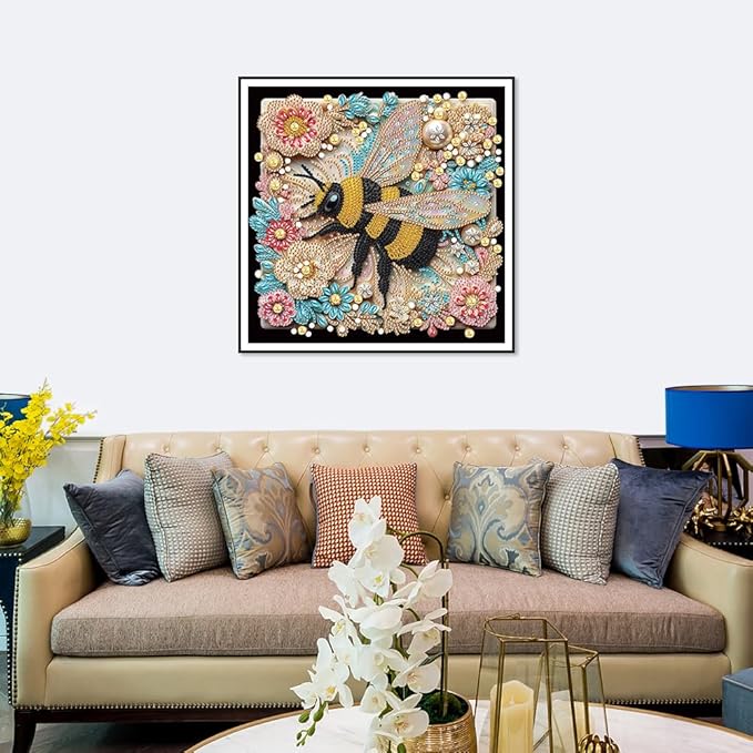 SJUTOUCI Diamond Painting Kits for Adults, 5D Flower Bee Special Shape Diamond Art for Beginners, Crystal Rhinestones Dots Bead Art for Home Wall Decoration Gift 12×12inch