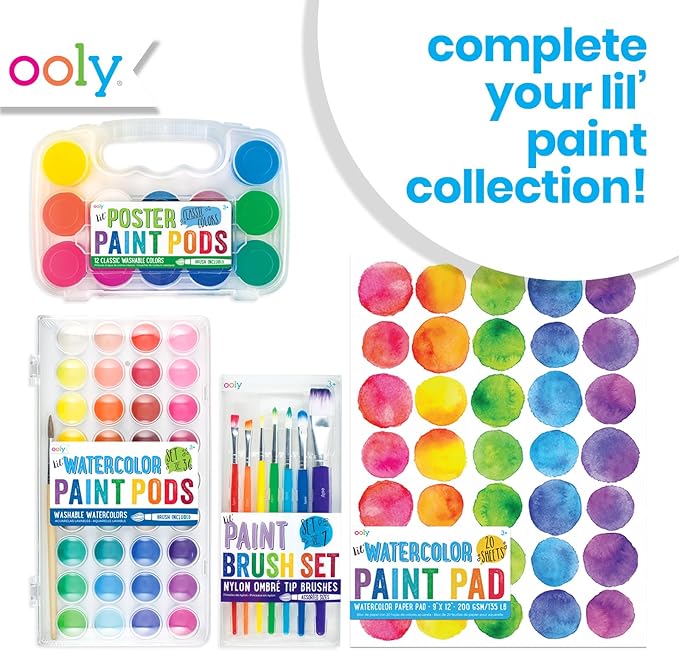 Ooly Lil' Watercolor Washable Paint Pods Set with Brush, 36 colors & 1 Paintbrush, Washable Watercolors in a Portable Case, School and Art Supplies, Bright & Vibrant Colors