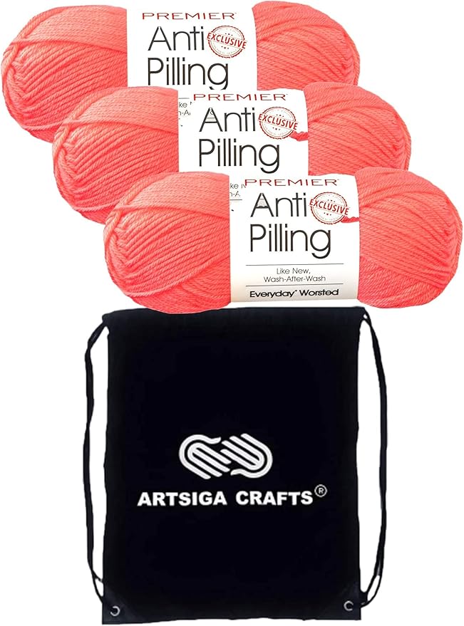 Premier Yarns Everyday Anti-Pilling Solid Coral DN100-54 (3-Skeins - Same Dye Lot) #4 Worsted Weight Acrylic Yarn for Crocheting and Knitting with Project Bag