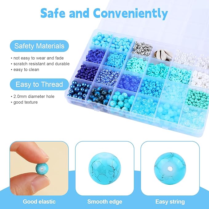 Blue Clay Beads for Bracelet Making Kit, 24 Colors 3500pcs Friendship Bracelet Making Kit, Small Glass Beads for Jewelry Making, Blue Ocean Series Colorful Crystal Beads and Crafts DIY Gifts