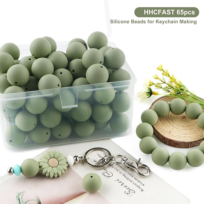 65Pcs 19mm Silicone Beads for Keychain Making Bracelet Necklace, Bulk Round Silicone Beads for Pens（Matcha Green）