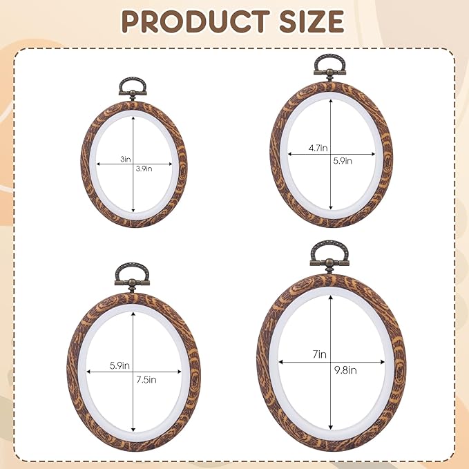 4 pcs embroidery hoops set-decorative cross stitch hoop ring imitated wood display frame-oval hand embroidery kits for art craft sewing (4 different size)