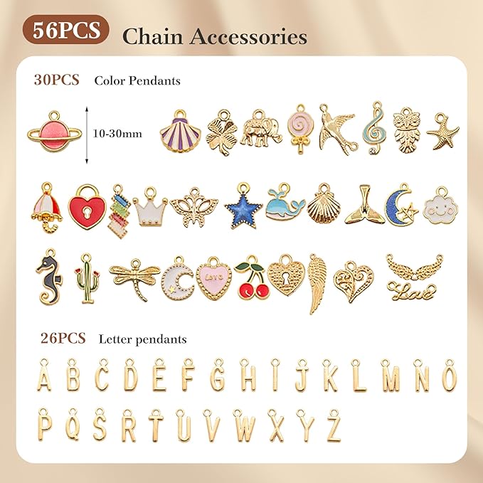 18K Gold Chain for Jewelry Making – Stainless Steel Paperclip Chain, 16.6 Feet DIY Bracelet Necklace Kit with 100 Jump Rings, 50 Clasps, 26 Letter Pendants & 30 Colorful Charms