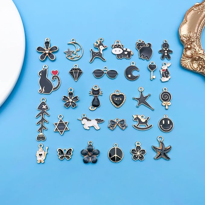 Youdiyla 60pcs Alloy enamel black series fixed set Pendant Jewelry Making DIY Keychain Earrings Pendant Various Design Charms for Jewelry Making Bracelets Necklace (HK550)