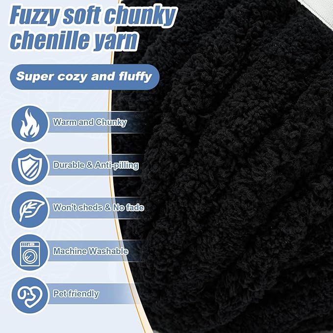 Chunky Yarn for Hand Knitting, Jumbo Chunky Yarn for Crocheting, Chunky Chenille Yarn, 8 Pack (32 yds 8.5 oz Each Skein),#7, Black
