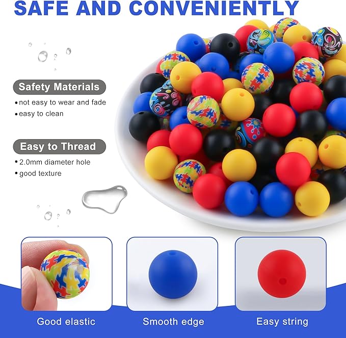 150Pcs Mixed Color 15mm Silicone Beads for Keychain Making, Red Black Medical Print Silicone Beads for Pens and Bracelet Making