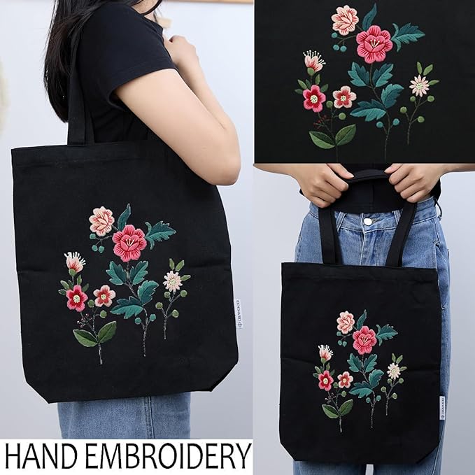 CREAWONDER Canvas Tote Bag Embroidery Kit with Pattern for Beginners, Arts and DIY Embroidery Crafts Kits for Adults, Include Instructions, Thimble, Embroidery Hoops, Color Threads and Tool