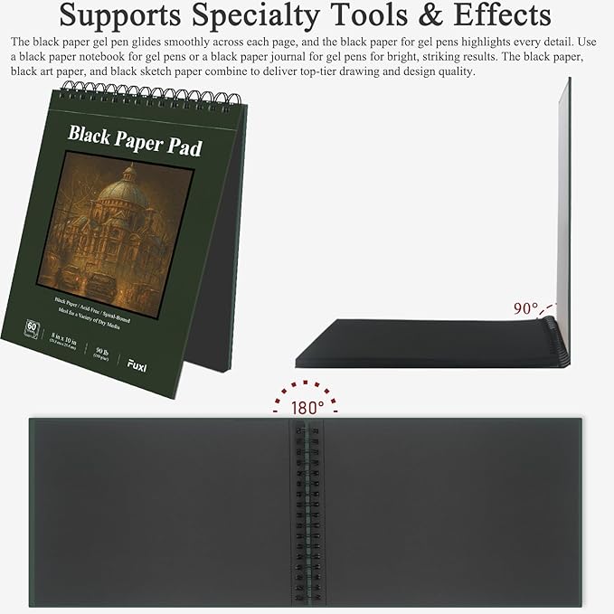 fuxi black paper sketchbook 8"×10", 60 sheets (90lb/150gsm) double-sided hard cover, spiral bound, ideal art supplies for teens - gifts for teenage artists.